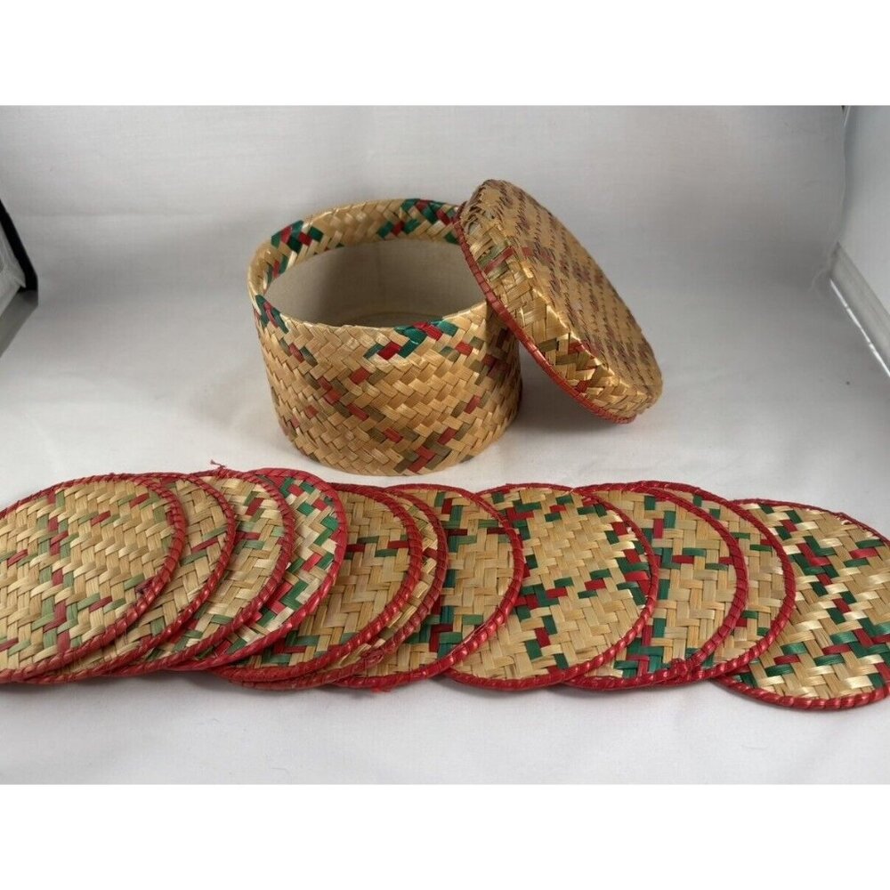 Vintage Wicker Coasters (11) In Rattan Woven Lidded Basket / Box Mid Century